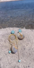Blue-Detail Seahorse Earrings with Lava Stone & Mother-of-Pearl