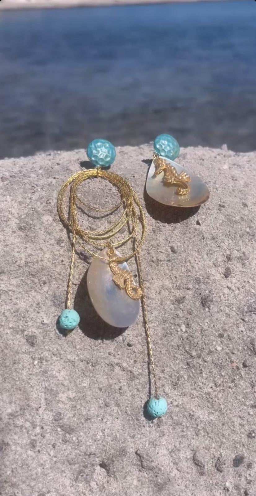 Blue-Detail Seahorse Earrings with Lava Stone & Mother-of-Pearl