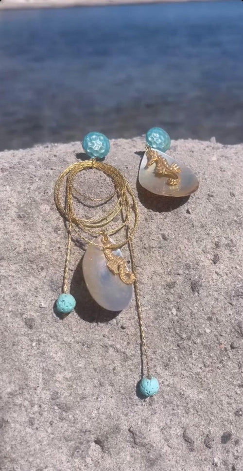 Blue-Detail Seahorse Earrings with Lava Stone & Mother-of-Pearl
