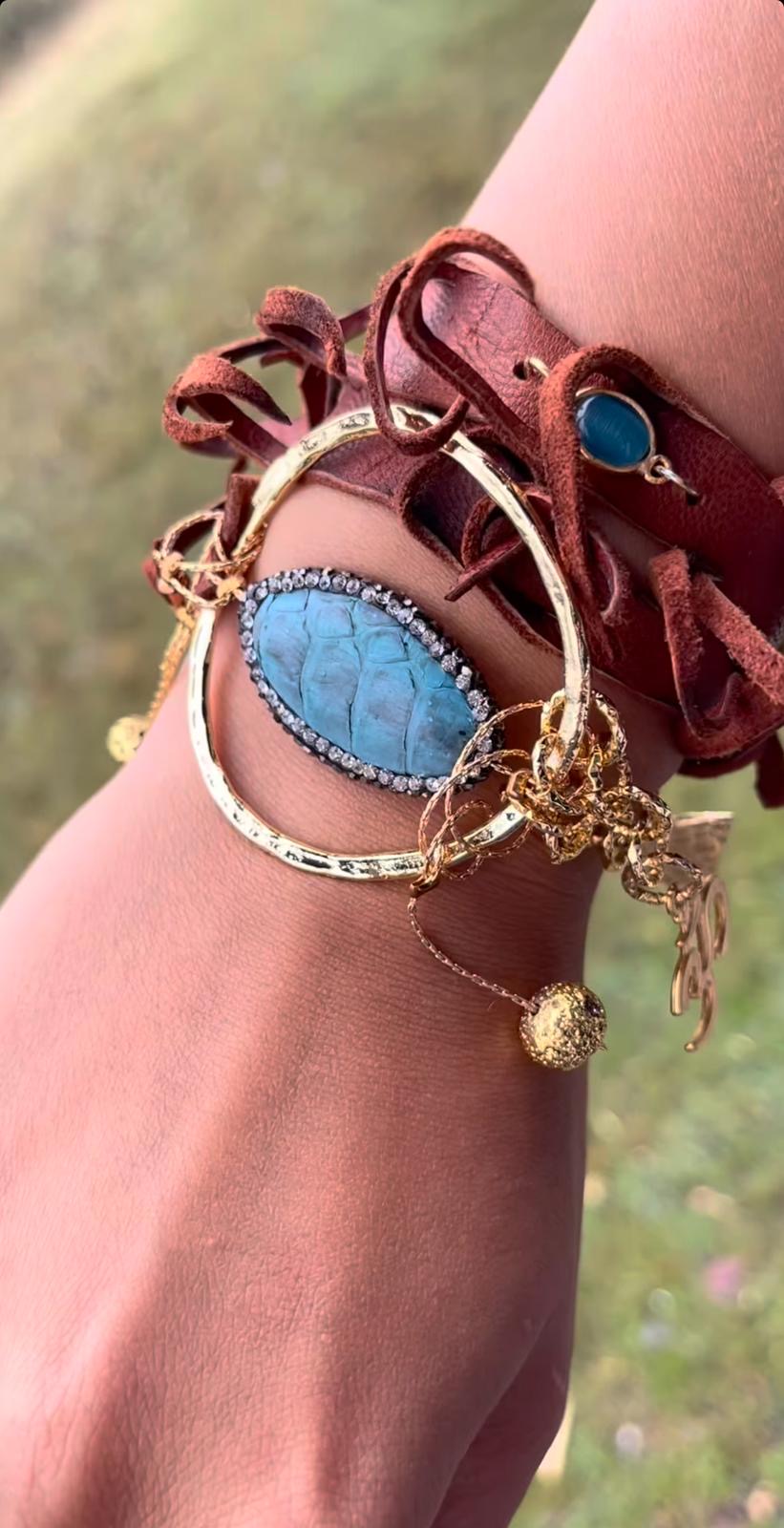 Triple-Wrap Bracelet with Calf Leather Cord, Quartz, Lava Stone & Blue Python Leather Ring