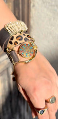 Handmade Triple Wrap Cow Leather Bracelet with Mother-of-Pearl Weave & Nepal Accent