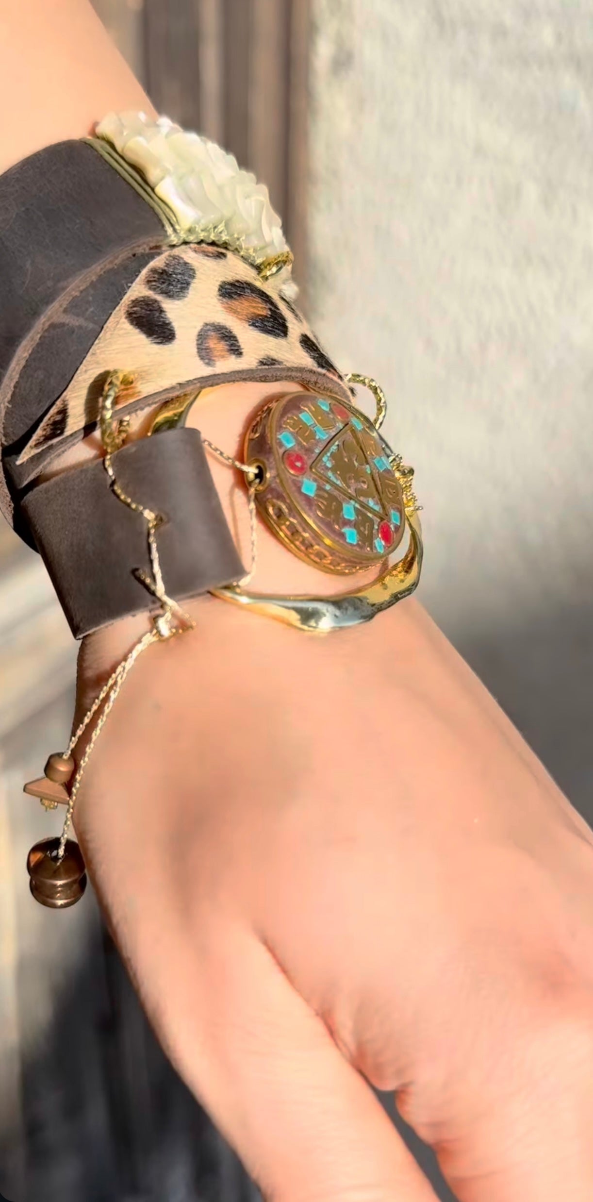 Handmade Triple Wrap Cow Leather Bracelet with Mother-of-Pearl Weave & Nepal Accent