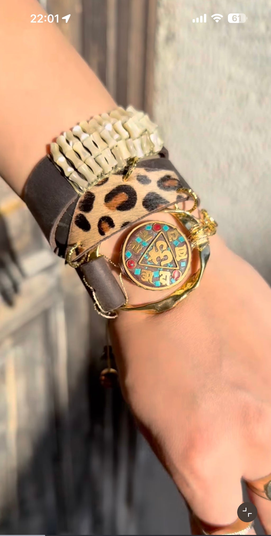 Handmade Triple Wrap Cow Leather Bracelet with Mother-of-Pearl Weave & Nepal Accent