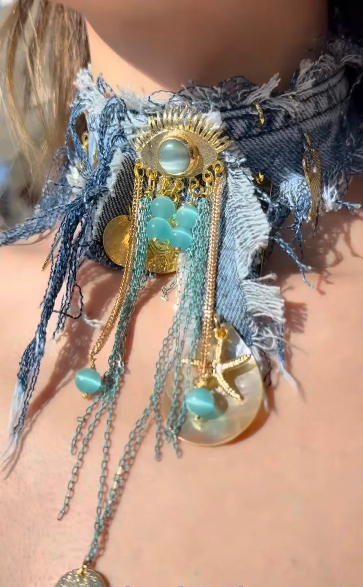 Handmade Denim Necklace with Quartz Stone & Mother-of-Pearl