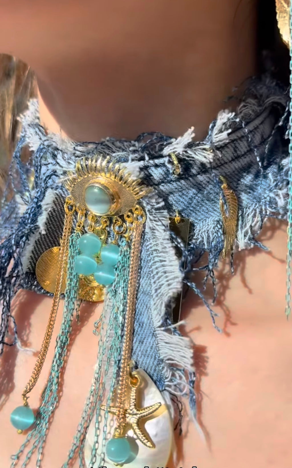 Handmade Denim Necklace with Quartz Stone & Mother-of-Pearl