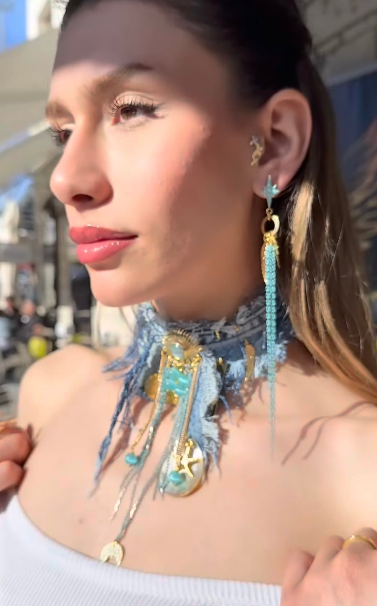 Handmade Denim Necklace with Quartz Stone & Mother-of-Pearl
