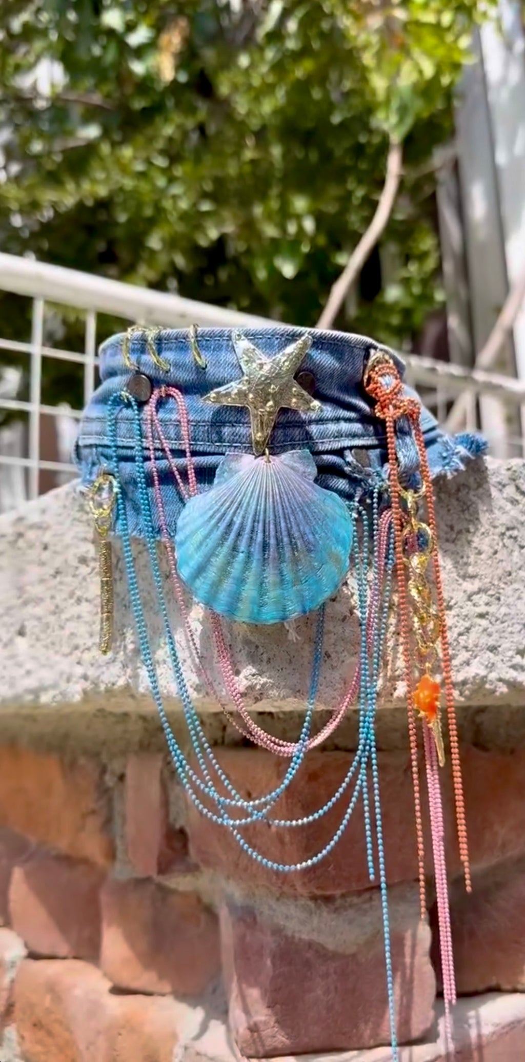 Handmade Denim Choker with Real Seashell & Starfish Detail