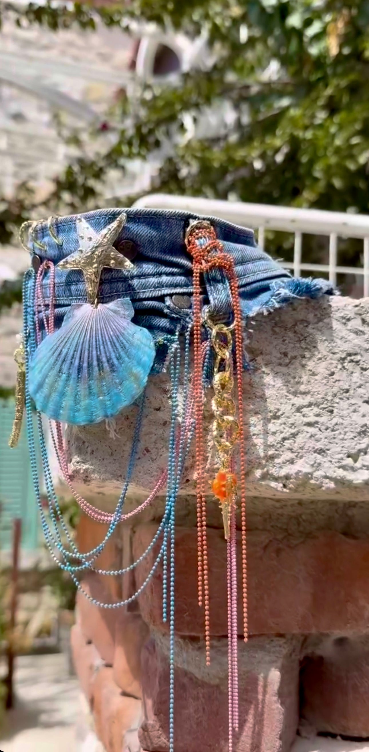 Handmade Denim Choker with Real Seashell & Starfish Detail