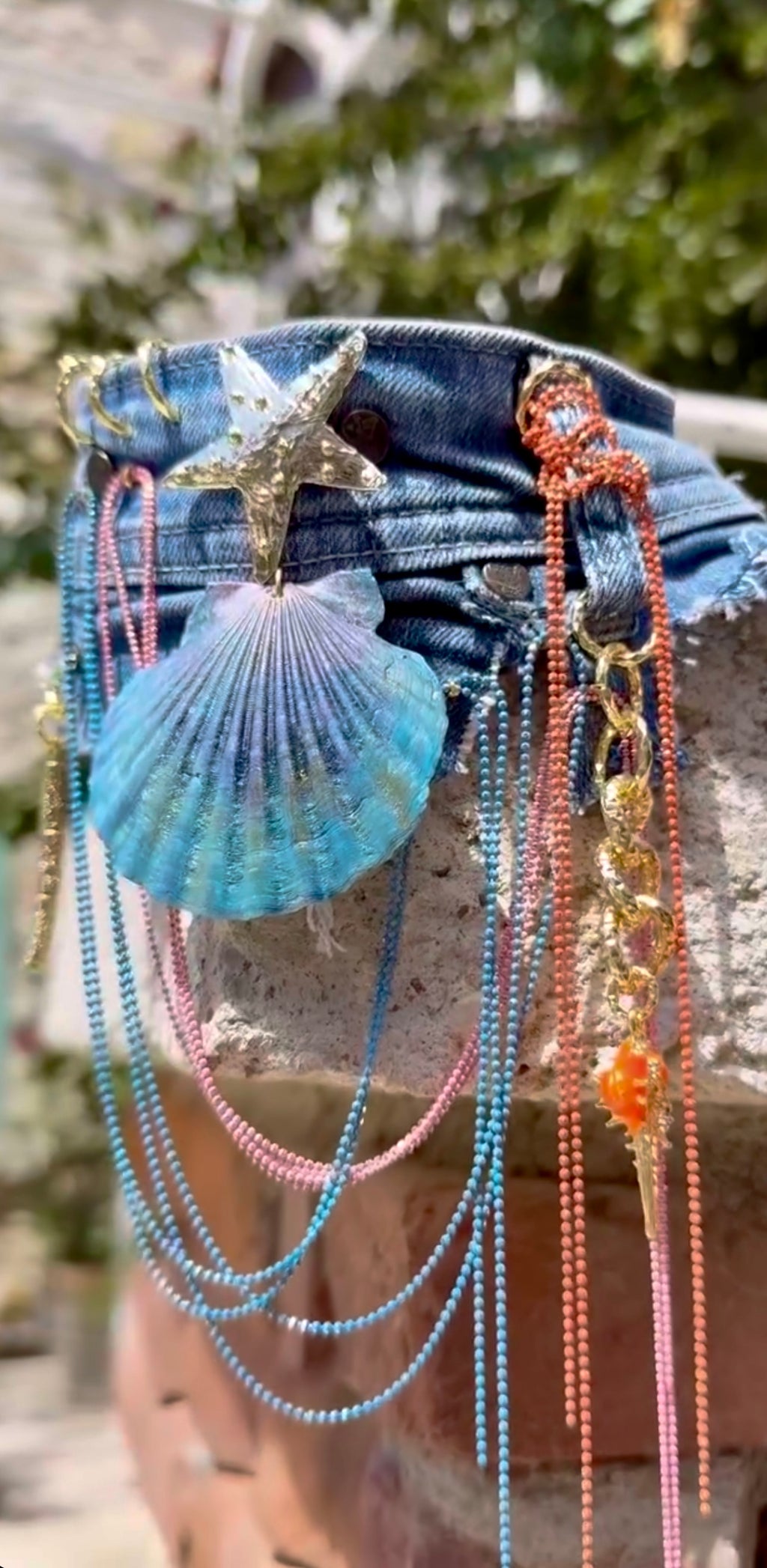Handmade Denim Choker with Real Seashell & Starfish Detail