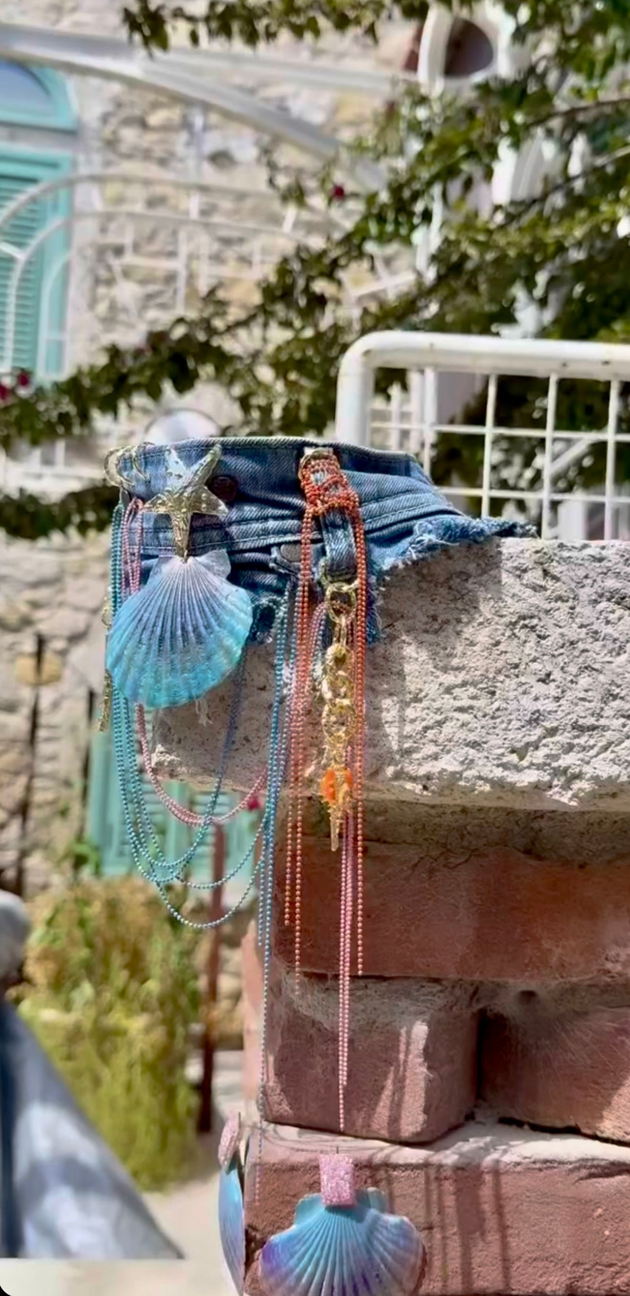 Handmade Denim Choker with Real Seashell & Starfish Detail