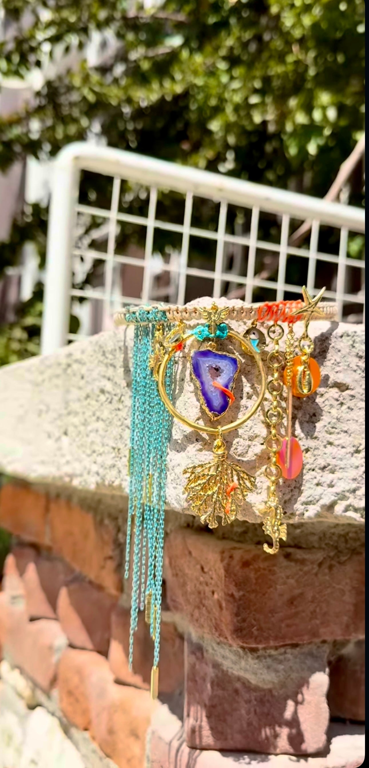Handmade Agate Stone Marine-Themed Woven Brass Necklace