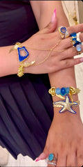 Handmade Blue Agate Hand Harness Bracelet – Gold Chain Boho Statement Jewelry