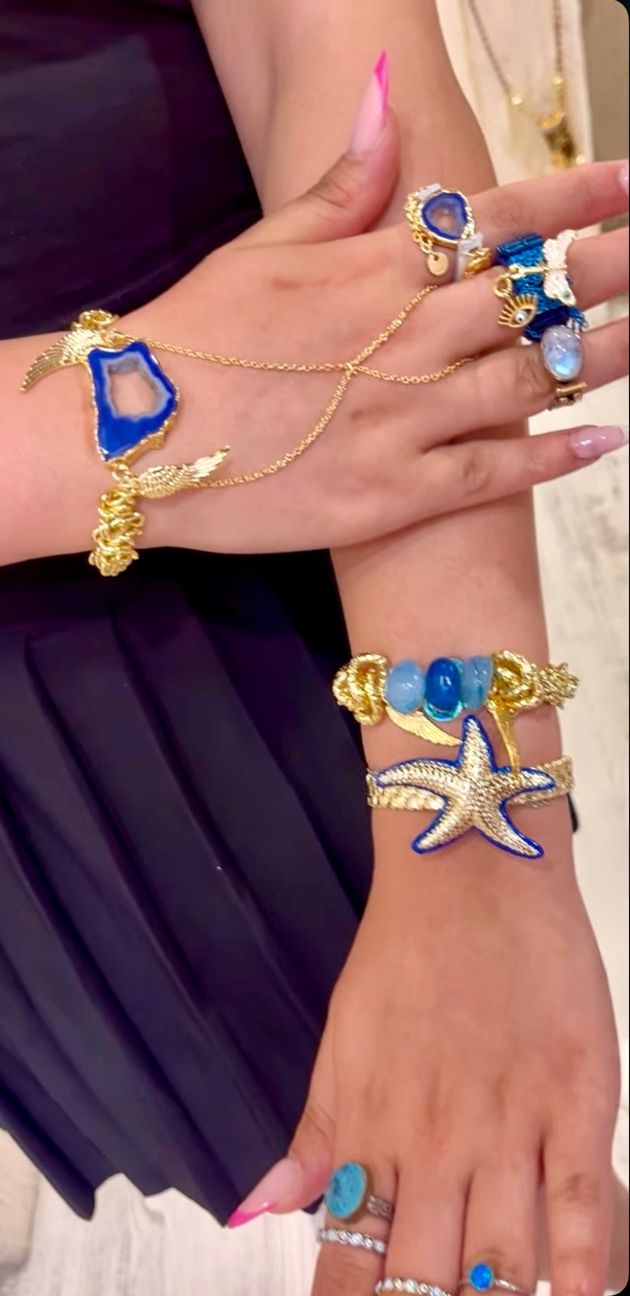 Handmade Blue Agate Beaded Bracelet – Gold Detail Natural Stone Boho Jewelry