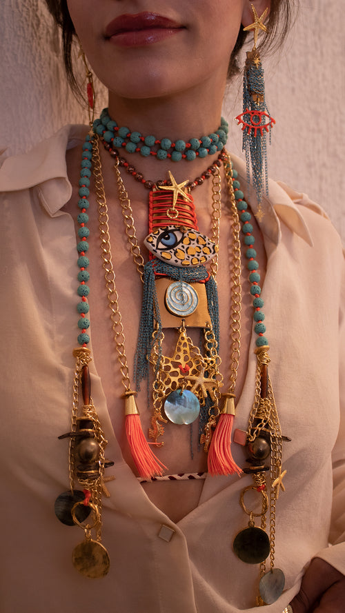 Ceramic Evil Eye Natural Stone Scarf Necklace – Coconut, Lava Stone, Hematite & Mother of Pearl Handmade