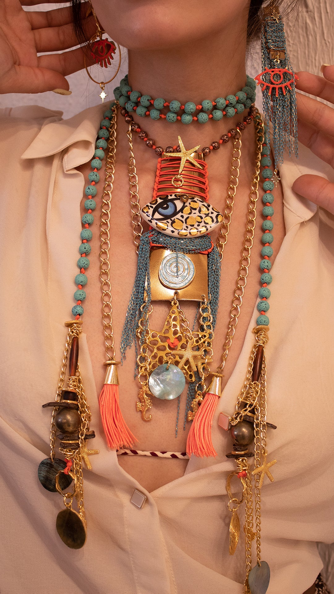 Ceramic Evil Eye Natural Stone Scarf Necklace – Coconut, Lava Stone, Hematite & Mother of Pearl Handmade