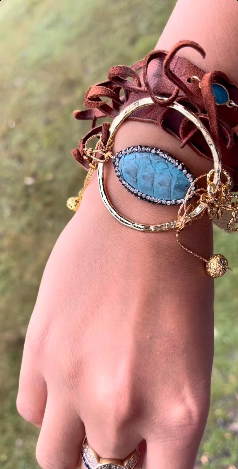 Triple-Wrap Bracelet with Calf Leather Cord, Quartz, Lava Stone & Blue Python Leather Ring