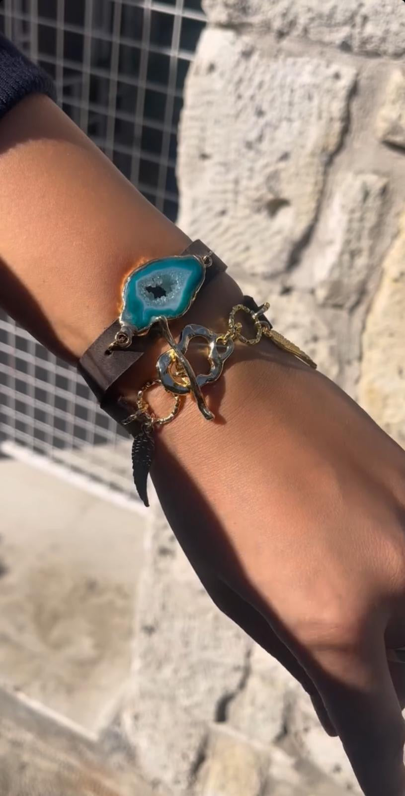 Double-Wrap Bracelet with Agate Stone & Calf Leather
