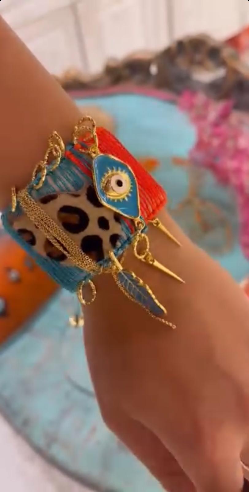 Leopard-Print Bracelet with Evil Eye & Gold Accents on Calf Leather