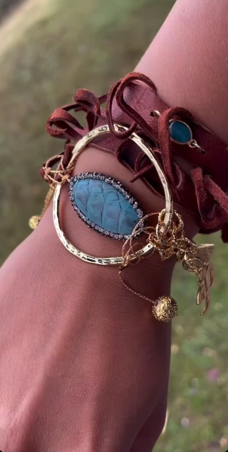 Triple-Wrap Bracelet with Calf Leather Cord, Quartz, Lava Stone & Blue Python Leather Ring