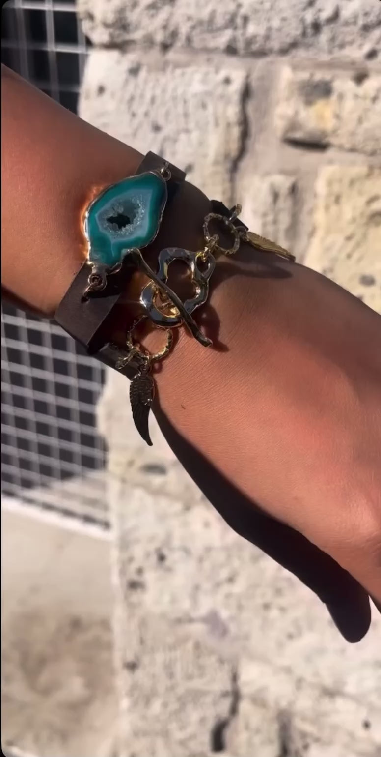 Double-Wrap Bracelet with Agate Stone & Calf Leather