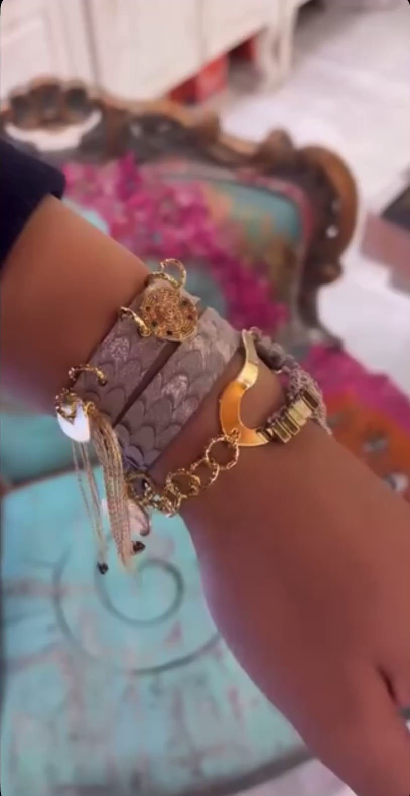 Triple-Wrap Sequin Calf Leather Bracelet with Hematite Stone