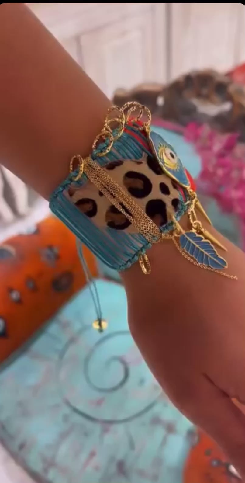Leopard-Print Bracelet with Evil Eye & Gold Accents on Calf Leather
