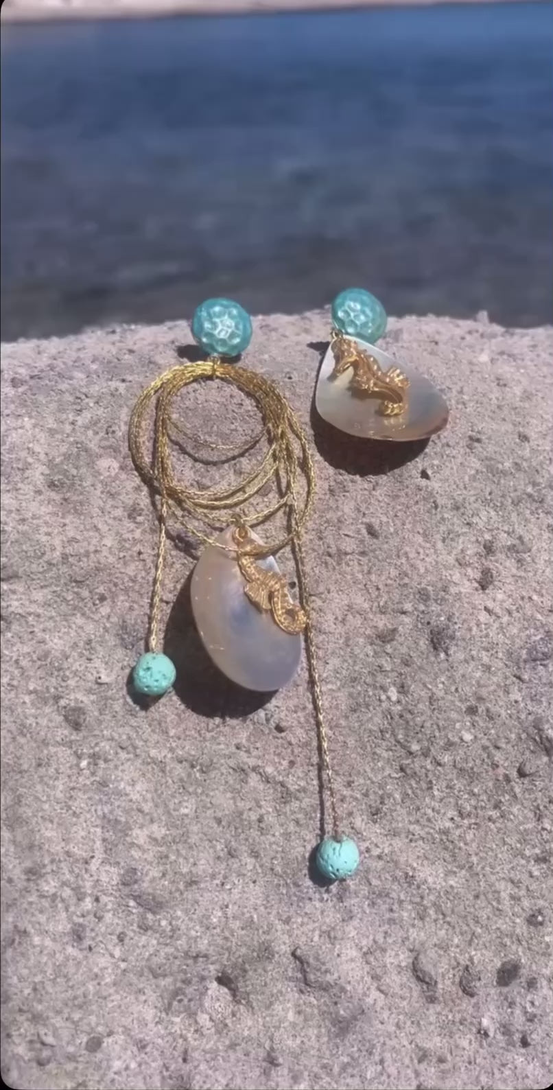 Blue-Detail Seahorse Earrings with Lava Stone & Mother-of-Pearl