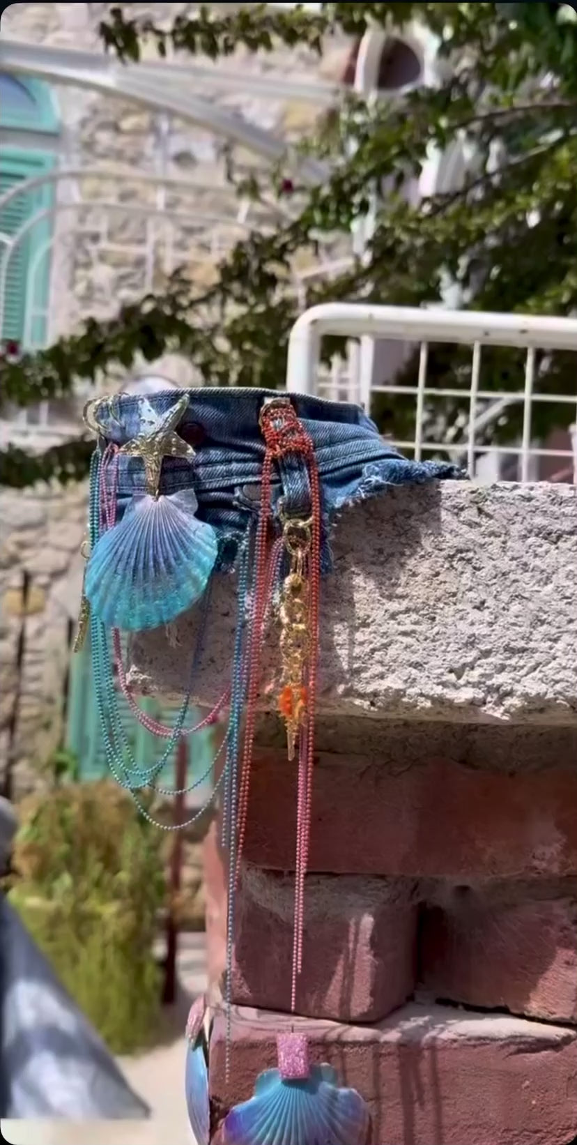 Handmade Denim Choker with Real Seashell & Starfish Detail