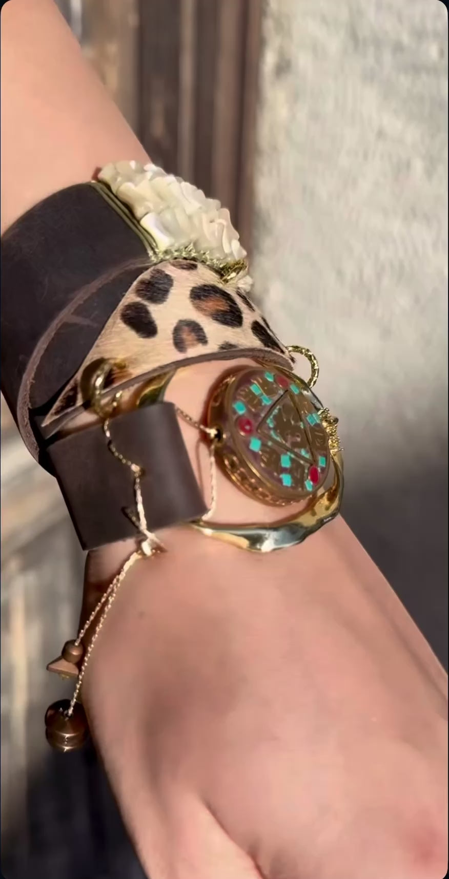 Handmade Triple Wrap Cow Leather Bracelet with Mother-of-Pearl Weave & Nepal Accent