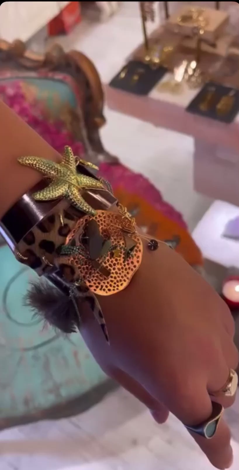 Calf Leather Bracelet with Hematite, Horsehair & Leopard, Starfish & Mesh Details